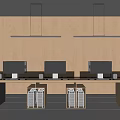 Modern Office Desk With Three Computer Monitors White Mugs CPU Towers And Long Pendant Lights