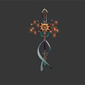 Ornate Staff Weapon With Sunburst Top Flames Green Gemstones And Ribbons