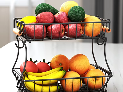 Assorted Fruits On Two Tier Wire Rack With Apples Oranges Bananas 3d model