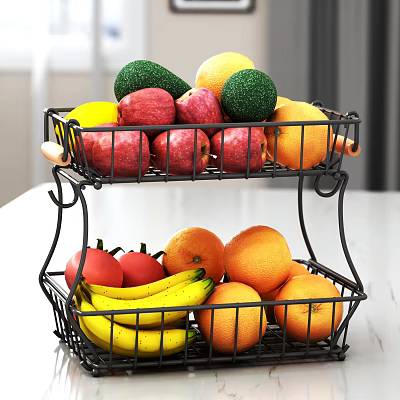 Assorted Fruits On Two Tier Wire Rack With Apples Oranges Bananas 3d model