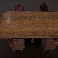 Oval Wooden Dining Table Set with Six Chairs Featuring Plaid Fabric Backrests and Seats