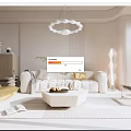 Modern Living Room Interior With White Sofa Yellow Armchair Circular Pendant Light And White Rug