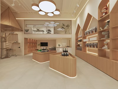 Modern Boutique Store Interior With Wooden Counters Display Shelves Soft Lighting And Open Layout 3d model