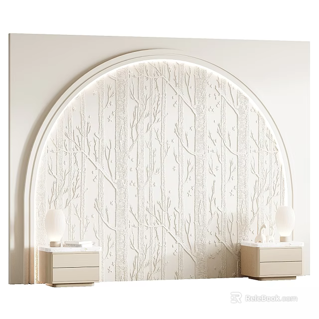 White Tree Branch Carving Wall Hanging Decor for Bedroom with Arched Background 3d model 