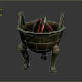 Traditional Bronze Tripod Cauldron Decorative Ornament Set With Intricate Patterns And Red Items Inside