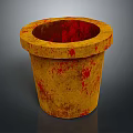 Artistic Sculpted Yellow Flower Pot With Red Splatters And Textured Surface