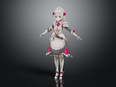 Fantasy Humanoid Maid Character With White Hair Pink Bows And Frilly Apron Design 3d model