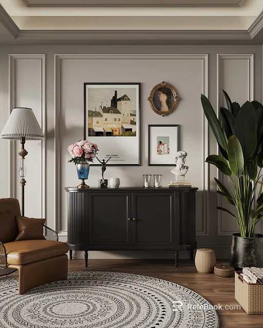 Stylish Dark Entryway Console Cabinet with Floral Vase Framed Art Statue and Large Green Plant 3d model 
