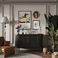 Stylish Dark Entryway Console Cabinet with Floral Vase Framed Art Statue and Large Green Plant