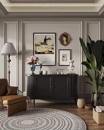 Stylish Dark Entryway Console Cabinet with Floral Vase Framed Art Statue and Large Green Plant 3d model