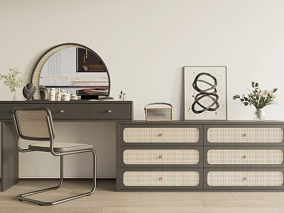 Elegant Gray Dressing Table With Rattan Drawers Round Mirror Chair And Wall Art 3d model