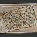 Tasty Rectangular Pizza Loaded with Fresh Vegetables Meats on Wooden Board