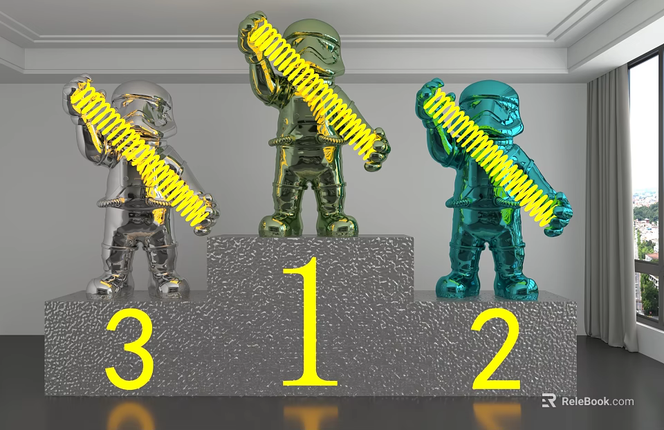 Three Sculpted Figures on Podium with Silver Gold Blue Finish Holding Yellow Brush Like Objects 3d model 