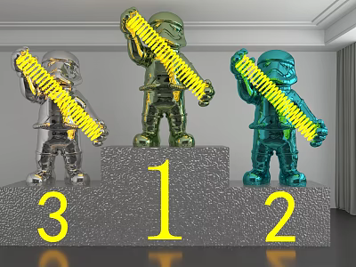 Three Sculpted Figures on Podium with Silver Gold Blue Finish Holding Yellow Brush Like Objects 3d model