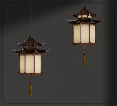 Traditional Chinese Wooden Chandeliers With Pagoda Style Roof White Lampshade And Tassel For Interior Decoration 3d model