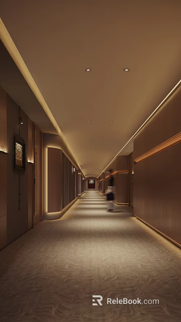 Modern Hotel Corridor Design With Wooden Walls Warm Lighting And Carpeted Floor 3d model 