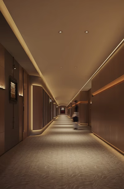 Modern Hotel Corridor Design With Wooden Walls Warm Lighting And Carpeted Floor 3d model
