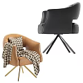 Brown Leather Single Sofa with Plaid Blanket Cushion and Gold Tripod Base