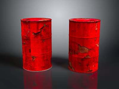 Two Old Red Rusted Worn Metal Industrial Drums With Damaged Surfaces 3d model