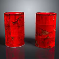 Two Old Red Rusted Worn Metal Industrial Drums With Damaged Surfaces