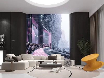 Modern Leisure Room Interior With Mural Wall Art White Sofa And Yellow Accent Chair 3d model