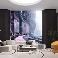 Modern Leisure Room Interior With Mural Wall Art White Sofa And Yellow Accent Chair