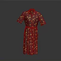 Crimson Short Sleeved Dress With Yellow Patterns And Belt Design