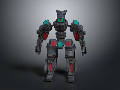3D Mechanical Robot Model With Gray Armor Green Red Accents And Angular Head Design 3d model