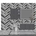 Modern Bathroom Vanity With Grey Cabinets Marble Wall Backlit Mirror And Geometric Tiles