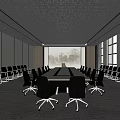 Modern Conference Room Interior with White Dotted Ceiling Round Table Black Chairs and Large Windows