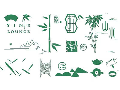 Chinese Oriental Wall Decor With Bamboo Leaves Mountains Tea Set And Seal 3d model