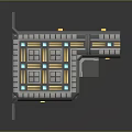 Modern Gray Building With Grid Pattern On Top And Blue Yellow Accent Lights