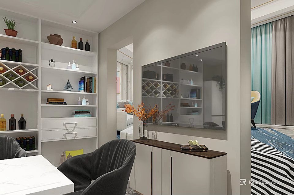Modern Restaurant Interior Design With White Display Shelves Mirror Dining Table And Chairs 3d model 