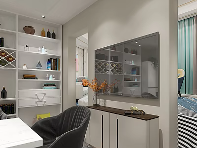 Modern Restaurant Interior Design With White Display Shelves Mirror Dining Table And Chairs 3d model