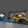 Modern Car Showroom Display With Silver Yellow Cars Glass Cases And Bright Lighting Elements