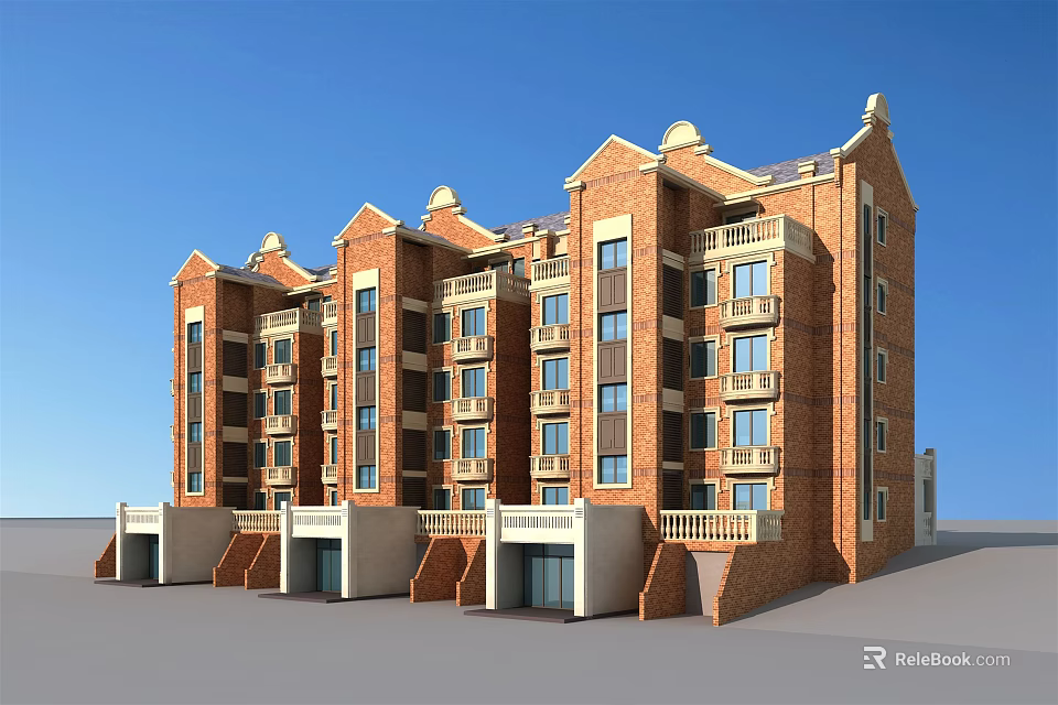Traditional Red Brick Multi Storey Residential Building With Ornate Roof And Windows 3d model 