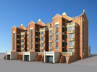 Traditional Red Brick Multi Storey Residential Building With Ornate Roof And Windows 3d model