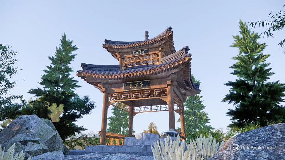 Traditional Chinese Wooden Pavilion With Curved Eaves Surrounded By Pine Trees And Natural Landscape 3d model 