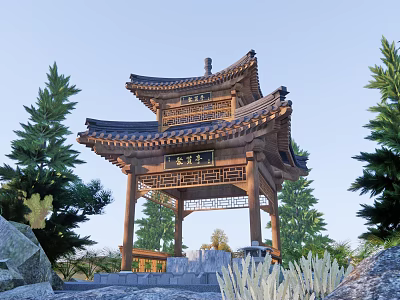 Traditional Chinese Wooden Pavilion With Curved Eaves Surrounded By Pine Trees And Natural Landscape 3d model