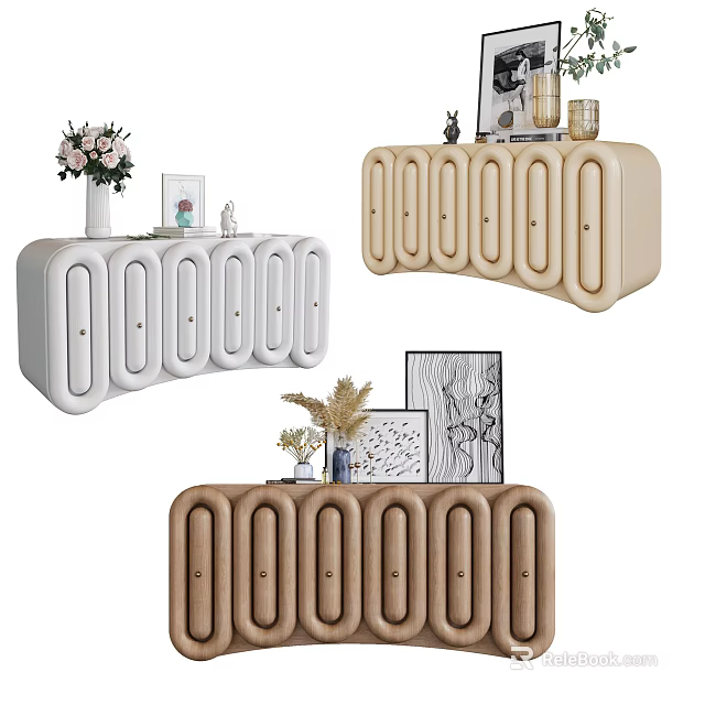 Entryway Console Cabinets With Curved Doors In White Beige Brown And Decor Items On Top 3d model 