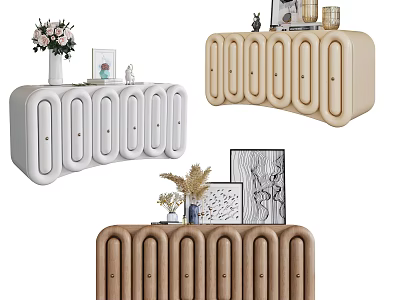 Entryway Console Cabinets With Curved Doors In White Beige Brown And Decor Items On Top 3d model