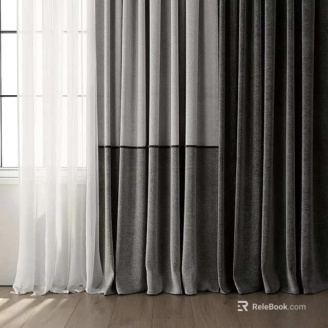 Layered White And Gray Curtains With Sheer And Thick Fabric Design For Window Interior 3d model 