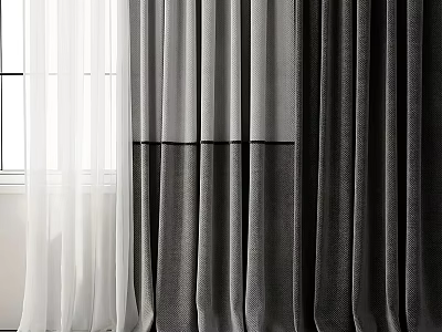 Layered White And Gray Curtains With Sheer And Thick Fabric Design For Window Interior 3d model