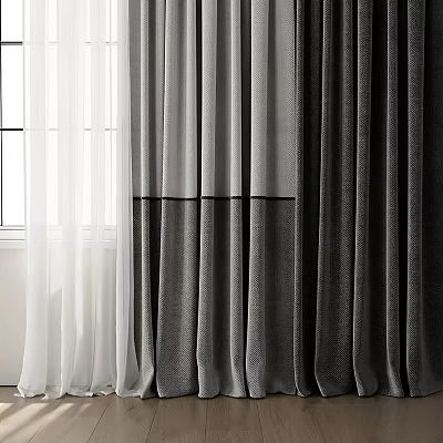 Layered White And Gray Curtains With Sheer And Thick Fabric Design For Window Interior 3d model