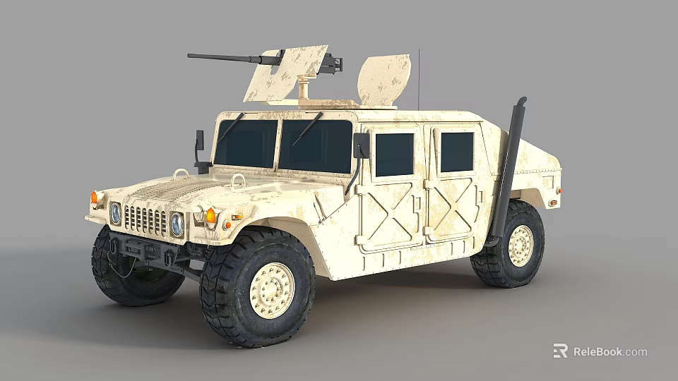 Beige Military Armored Tank With Roof Mounted Gun Large Tires And Armored Doors 3d model 