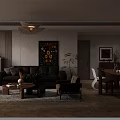 Modern Living Dining Room Interior With Brown Sofa Wooden Table Artwork Plants And Chandelier
