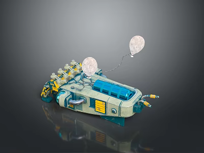 Futuristic Mechanical Device with Yellow Blue Parts White Balloon like Structures and Reflective Base 3d model