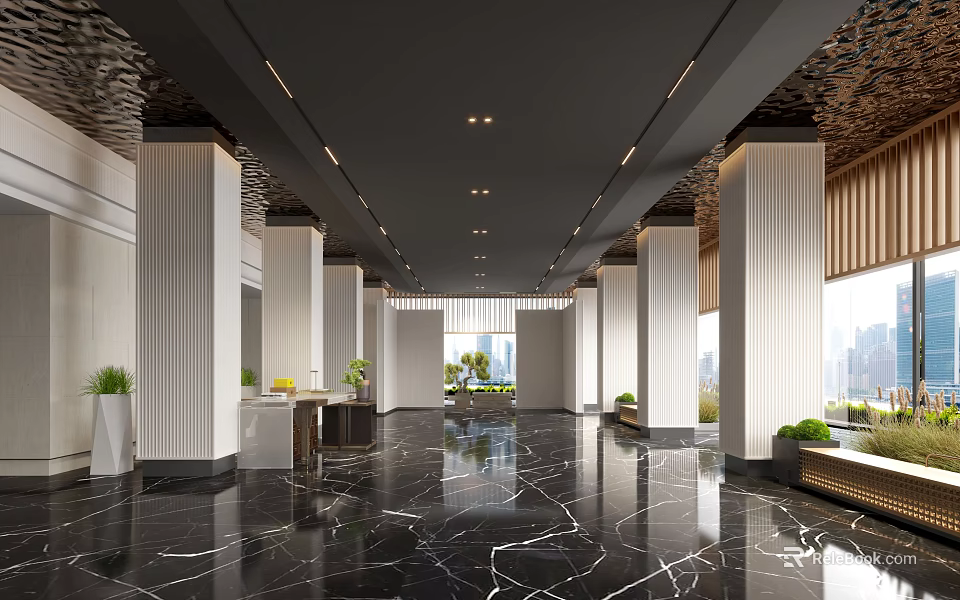 Elegant Hotel Lobby Interior With Black Marble Flooring White Columns Green Plants And City View 3d model 