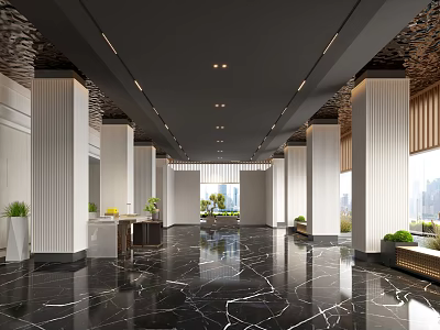 Elegant Hotel Lobby Interior With Black Marble Flooring White Columns Green Plants And City View 3d model