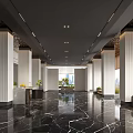 Elegant Hotel Lobby Interior With Black Marble Flooring White Columns Green Plants And City View